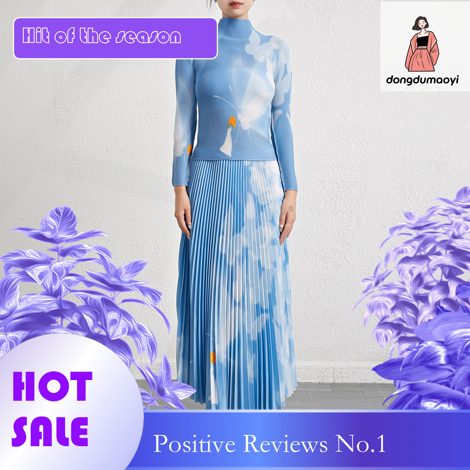 dongdumaoyi Western style fashion casual suit women's autumn new item elastic long sleeved printed T-shirt pleated skirt two-piece set