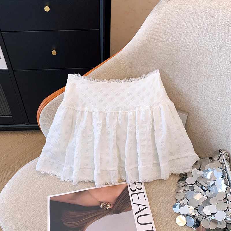 Balletcore Ruffled Mini Skirt with Lace Trim Low Rise Tiered White Summer Women TeenGirl Y2K Goth Outfit 250514