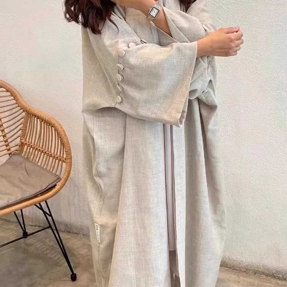 New Solid Color Dubai Cotton Linen Kimono Cardigan Muslim Dress Women Button Closed Slve Open Abaya Islam Clothing Ka Robe X250514