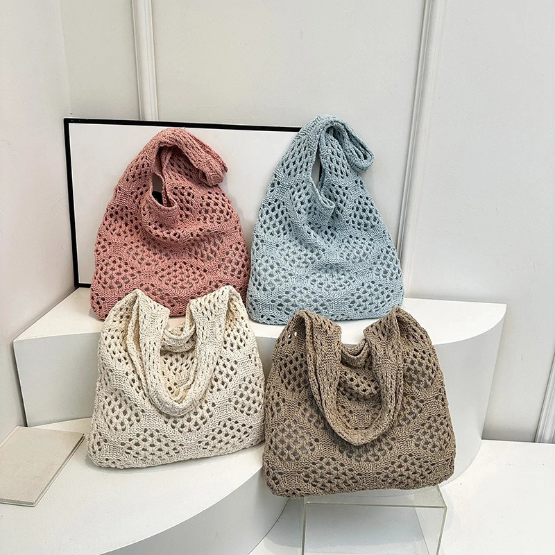 Hollow Woven Knitted Shoulder Bags Retro Travel Shopping Tote Messenger Bag Large Capacity Women Crochet Girls 250514