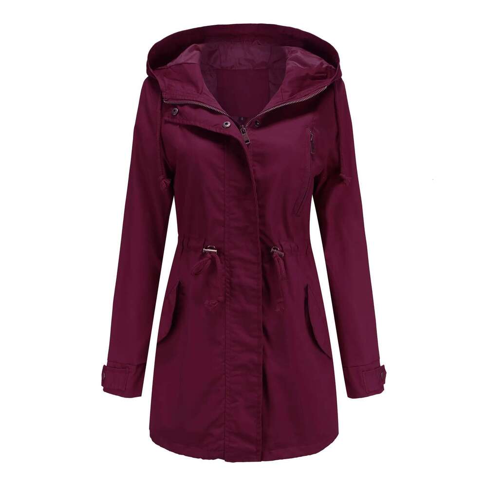 New Cotton Hooded Trench Coat Spring Autumn Jacket Zipper Loose Drawstring Solid Color Windbreaker Women's Clothing