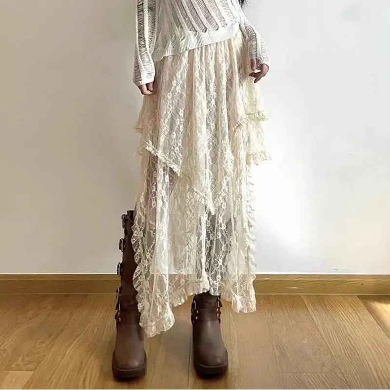 Lace Asymmetrical Skirt Women Vintage Y2K Boho Aesthetic Fashion High Waist Mid Skirts Summer Ladies Holiday Outfits 250514