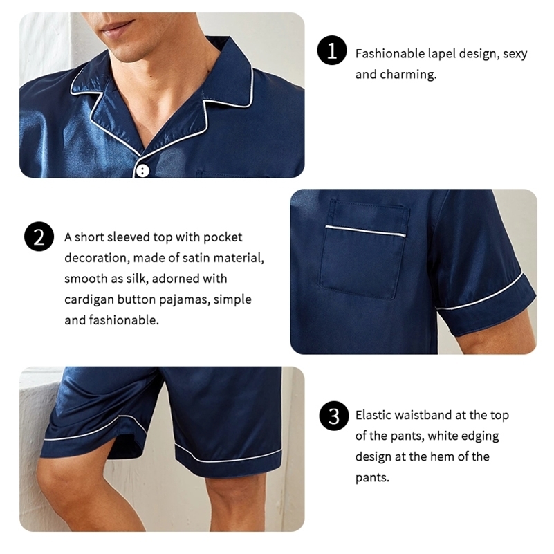 Mens satin short sleeved pajama set mens button down sweater and elastic waist home jacket 2 pieces y250427