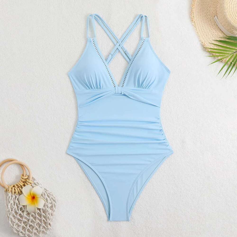 One-Piece Bikinis Women High Cut Solid Swimwear Deep V Neck Back Swimsuits Slimming Ruched Bathing Suits Summer Onesie Swimwears