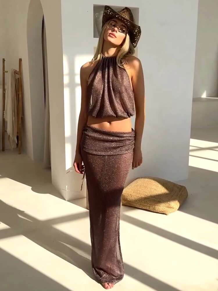 Sexy Knit Sets Backless Wrap Lace-Up Top Chic Beach Half Skirt Two-Piece Swimsuit Cover Up 2025 Summer Women's Party Outfit K167