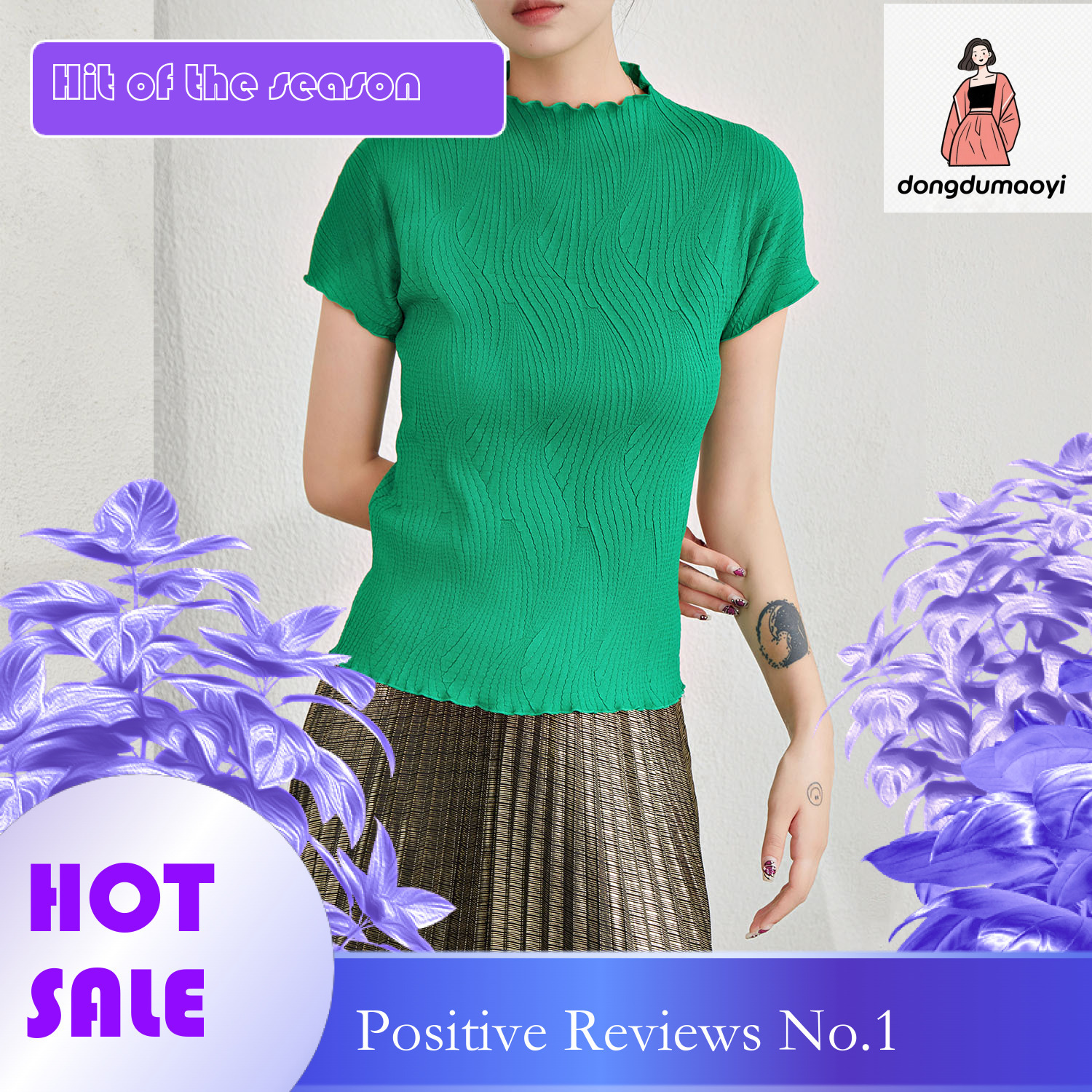 dongdumaoyi 2023 Miyake Summer New European Women's Clothing Design Thread Embossed Elastic Wrinkle Short Sleeve T-shirt