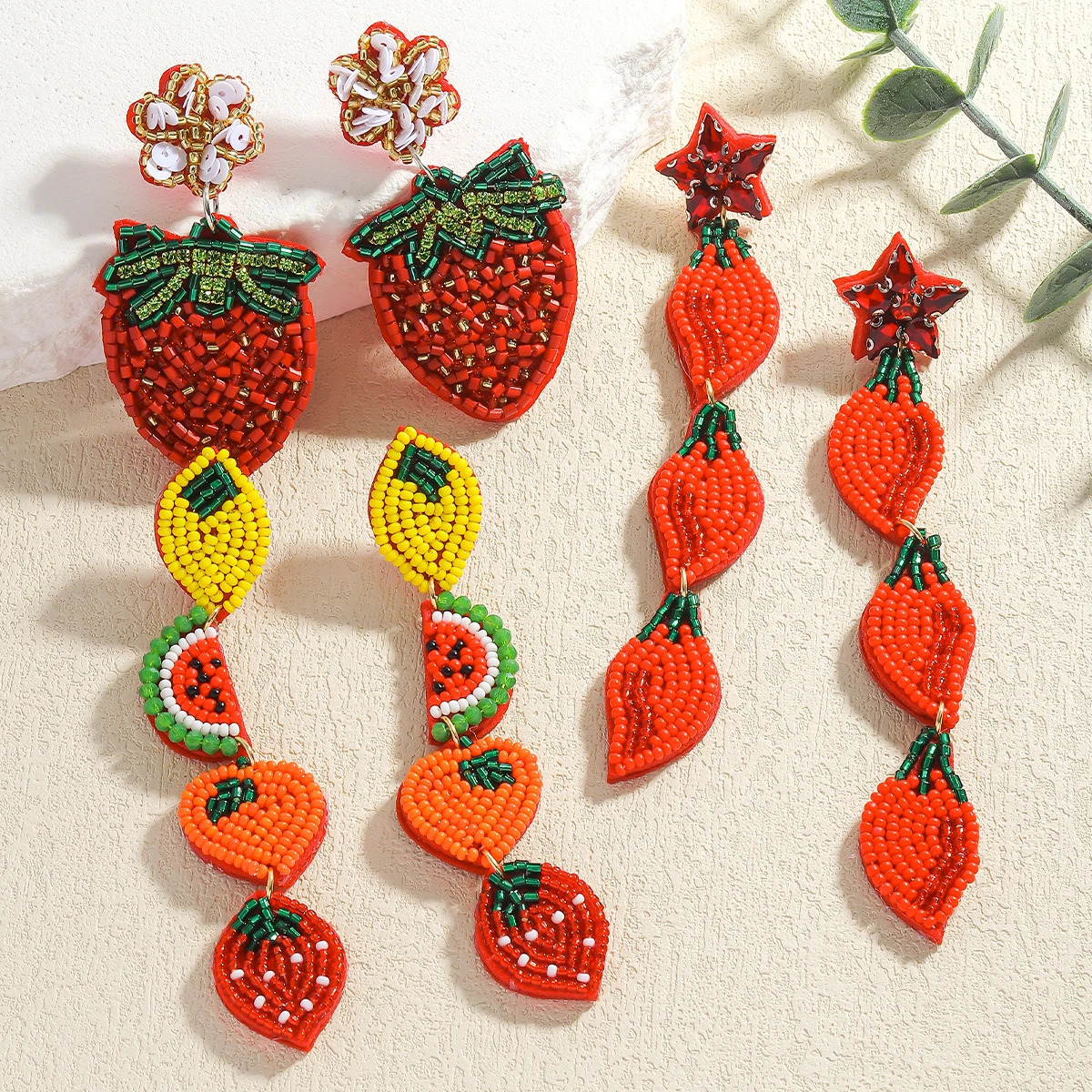 Bohemia Vintage Handmade Cute strawberry Lemon Orange Dangle Earrings For Women Red Color Rice Beads Summer Daily Jewelry Gift 250514