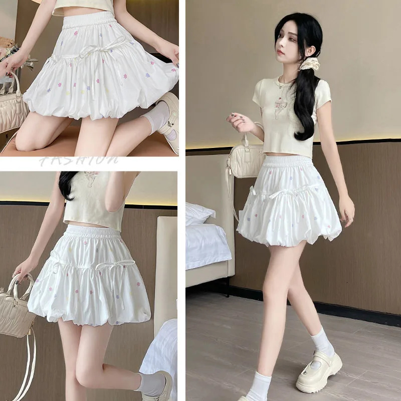 Korean Chic White Flower Bud Skirt Ladies Sweet Ballet Ball Gown Mini Woman Elastic Waist Bow LaceUp Print ALine Skirts 250514
