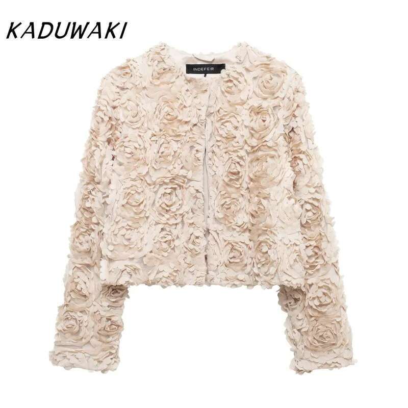 KADUWAKI Retro Round Neck Long-Sleeved Textured Small Perfume Casual Temperament Floral Decoration Single-Breasted Jacket