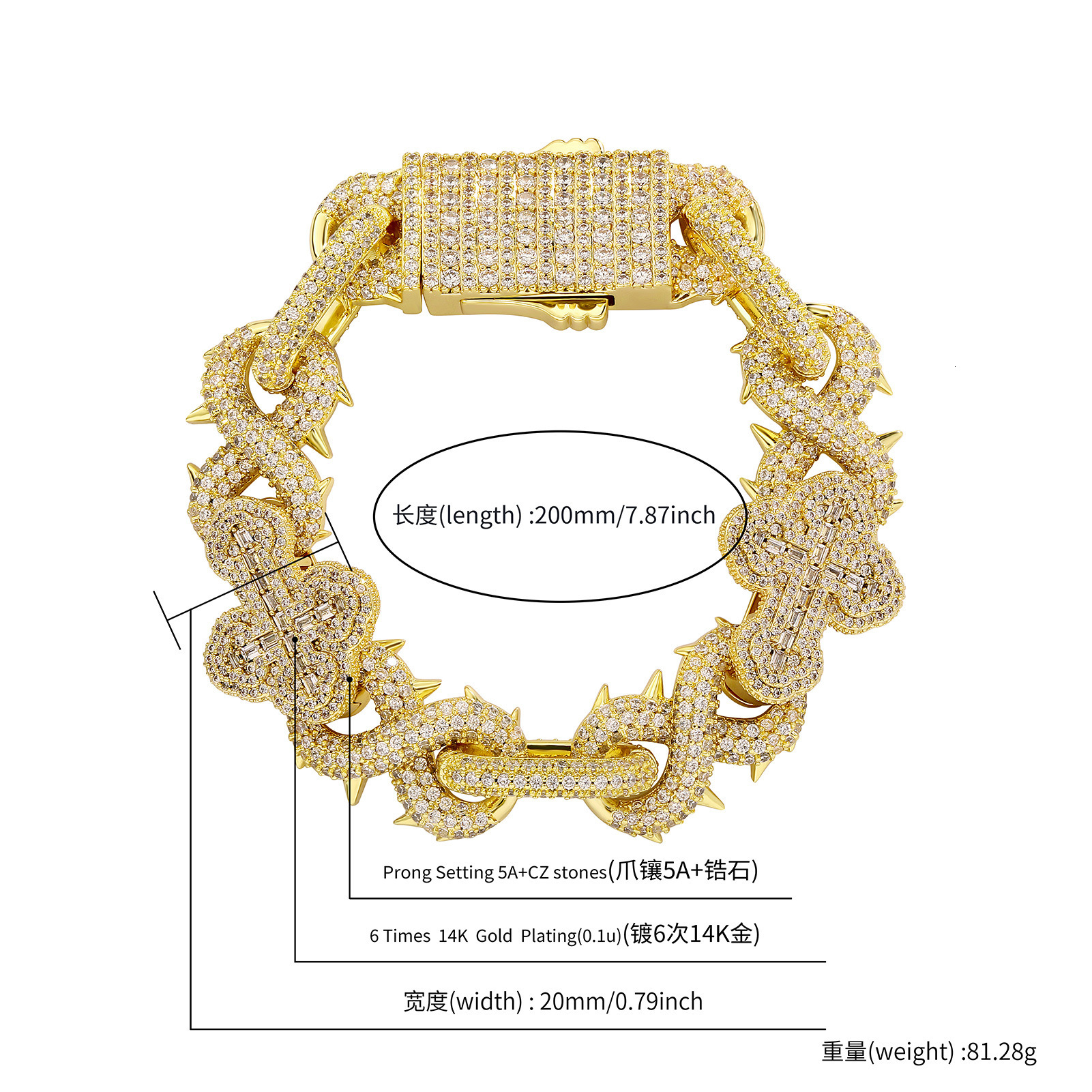 Bling Chunky Hip Hop 8-shaped Infinite Sign Thorn Cross Cuban Chain Bracelet Full Cubic Zirconia Diamond DIY Trendy Party Bracelets Wolf Tide Rapper J