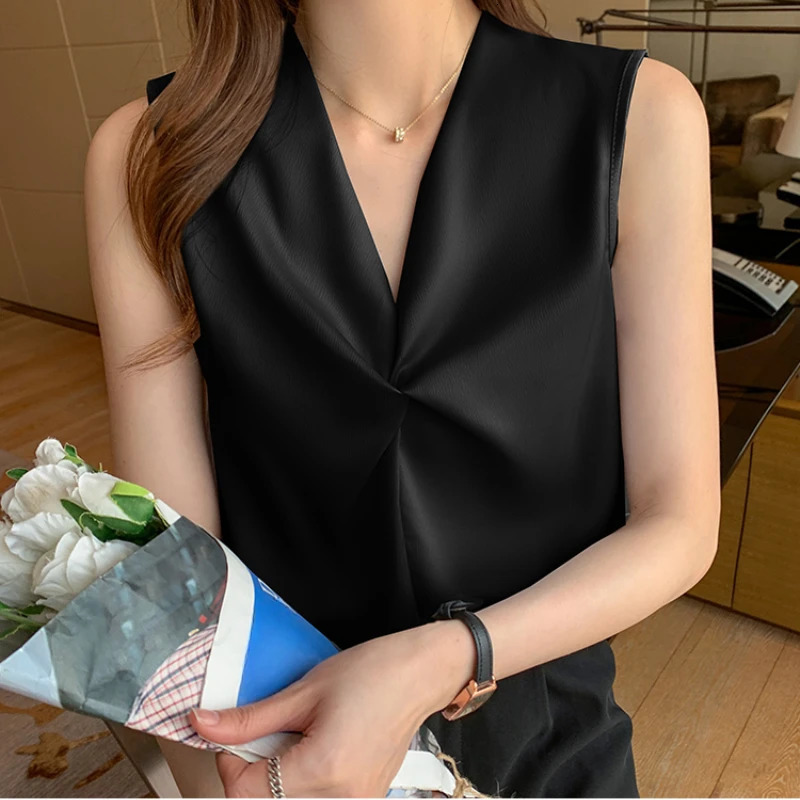 Summer Satin Strapless Tank Top Womens Blouses Sleeveless Cross Vneck Casual Korean Elegant Vest Shirts for 250514