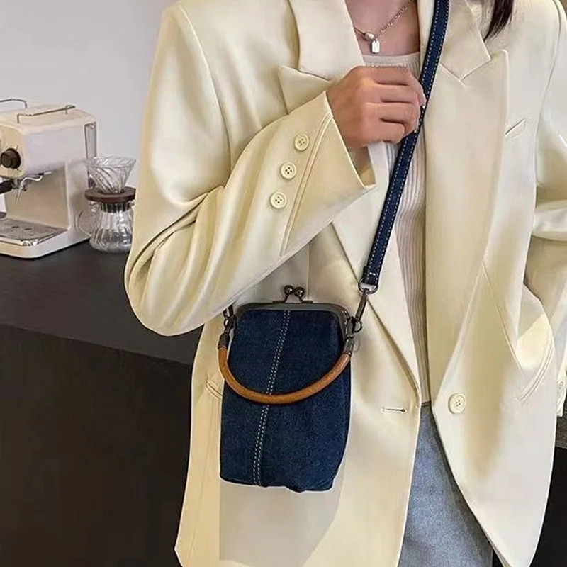 Denim Crossbody Bag For Women Vintage KissLock Small Phone Purse Trendy Cross Body Bags Daily Office Party 250514