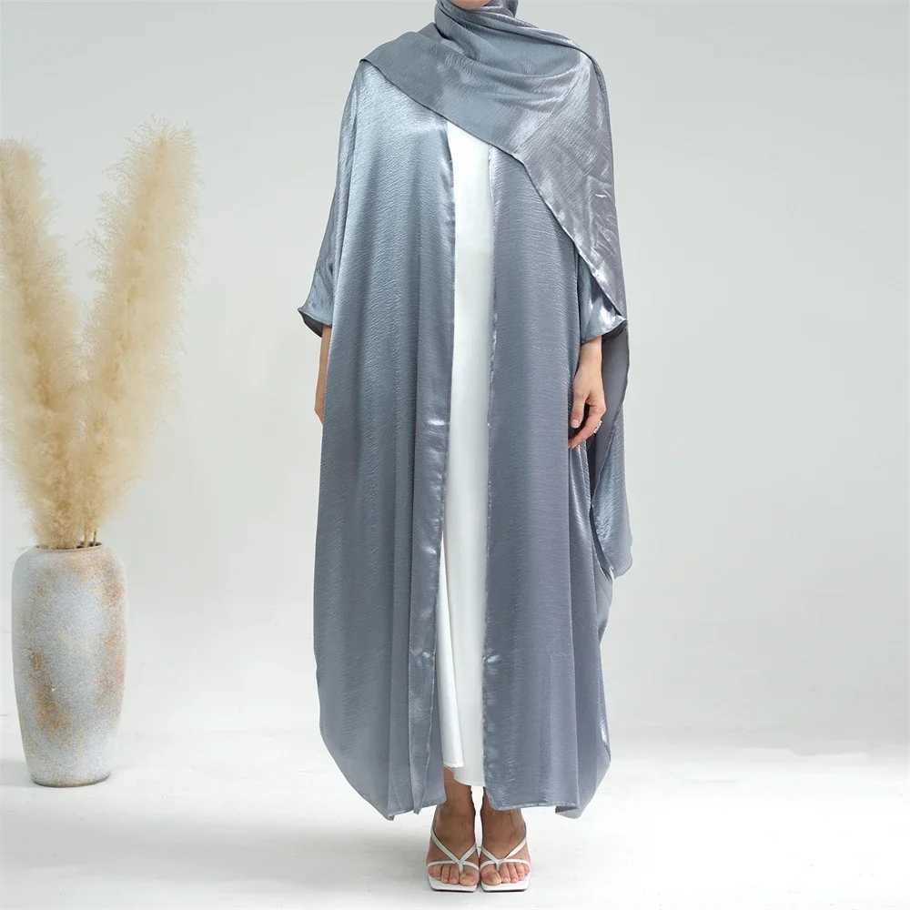 Morocco Eid Party Muslim Women Satin Open Abaya Cardigan Hijab Long Maxi Dress Turkey Kaftan Dubai Bat Slve Robe Arab Jalabiya X250514