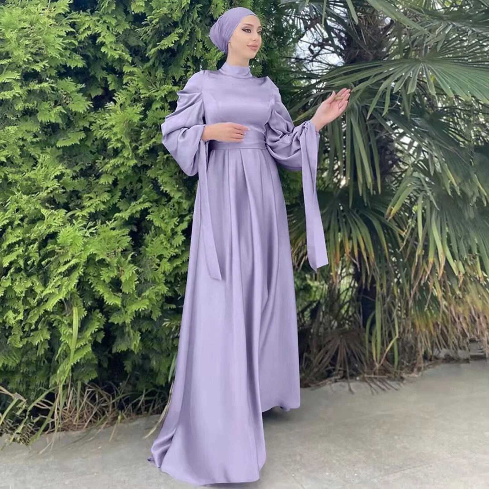 Fashion Gentle Light Long Maxi Muslim Dress Elegant Bow Lace Up Slve Tunic Waist Temperament Islamic Prayer Clothes X250514