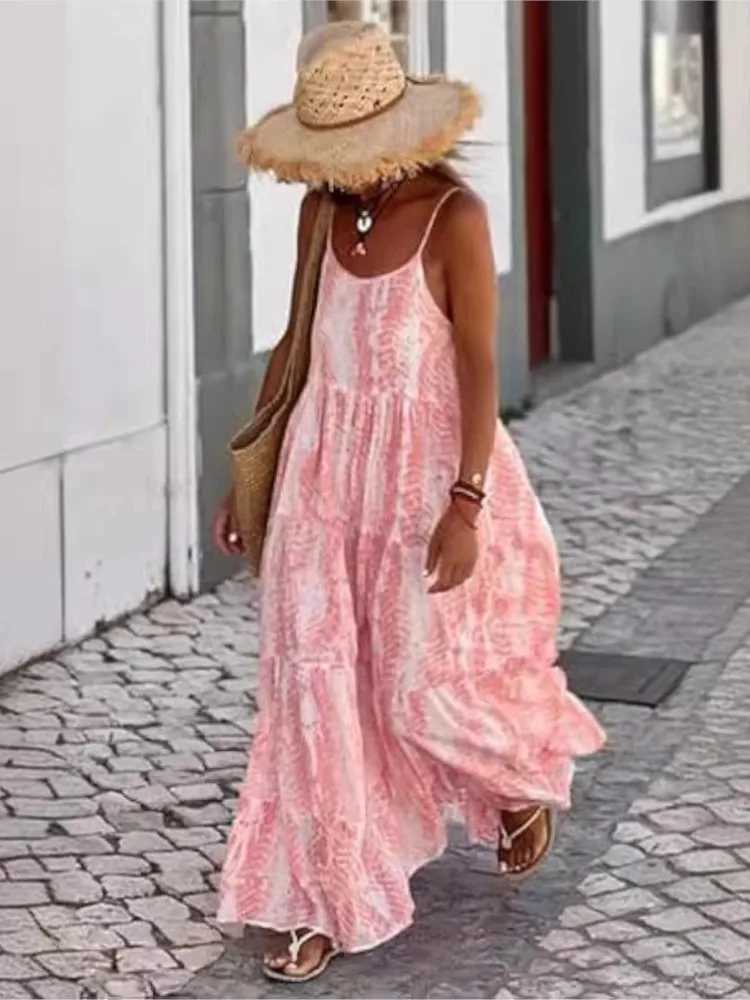 Tie Dye Print Spaghetti Strap Dresses Women Bohemian Style Loose Backless Vacation Beach Long Dress Female Fashion StreetwearXJ250514