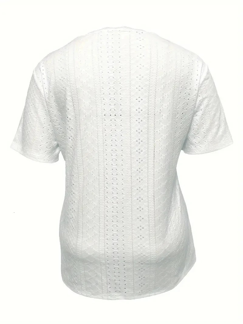 Plus Size Eyelet Solid V Neck TShirt Casual Short Sleeve Top For Spring Summer Womens Clothing 250514