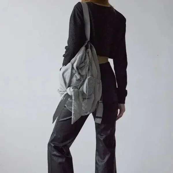 Women Nylon High-Capacity Fashion Casual Backpack Bow Drawstring Shoulder Bag Totebag All-Match