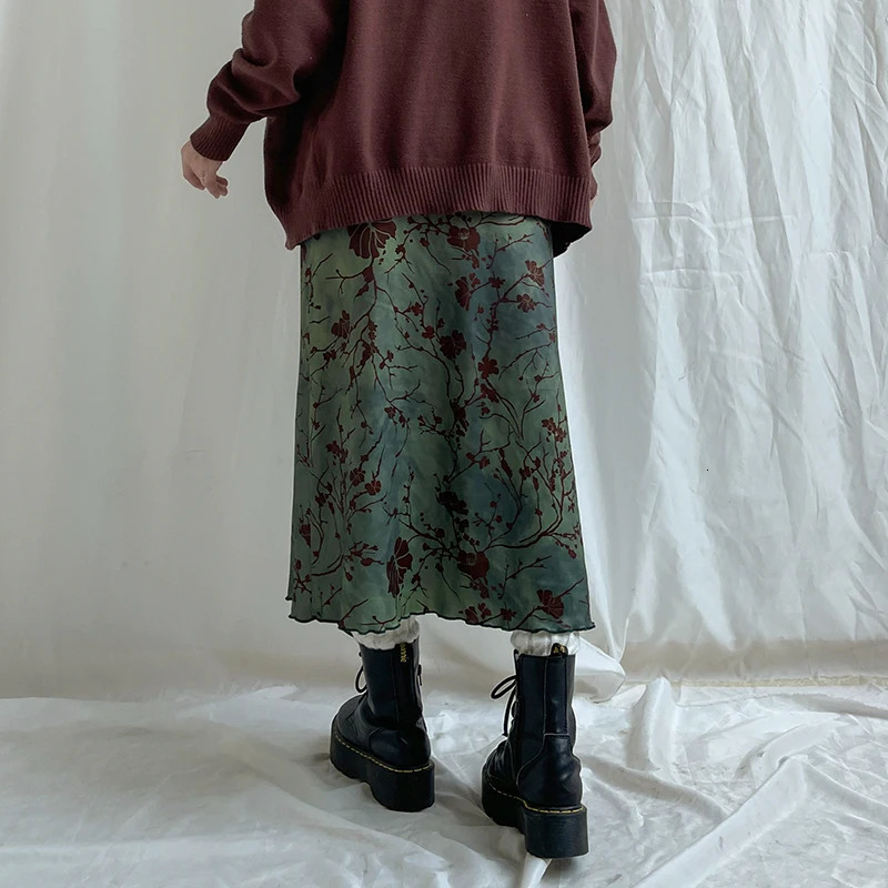 Rockmore Green Floral Printed Midi Skirt Fairycore Grunge Y2K Aesthetics Vintage Low Waist Womens Harajuku Outfit Clothing 250514