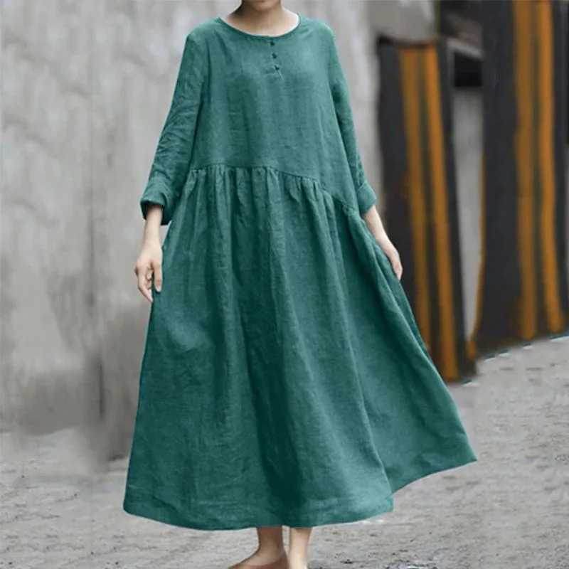 Womens Cotton Linen Asymmetrical Loose Long Dress Autumn O-neck Long Sleeve Pocket Baggy Party Dresses JYFS-HS6144XJ250514