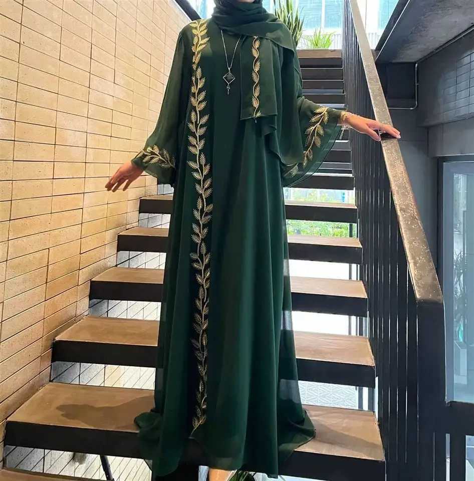 2pcs set of Middle Eastern Clothing | Women Chiffon Abaya Turkey Kaftan Muslim Long Dress Abayas Robe + Headscarf X250514