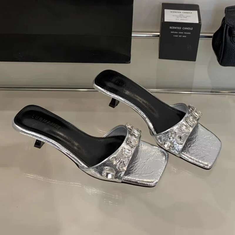 Crystal Women Slippers Square Toe High Heels Woman Sandals 2025 Summer Brand Sexy Party Shoes Zapatillas De Mujer