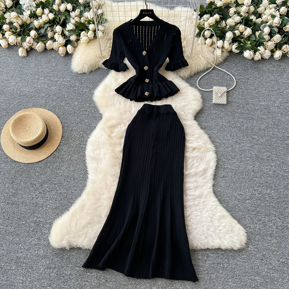 YuooMuoo Fashion Womens Two Piece Set Elegant Vneck Ruffled Knitted Tops and Wrapped Hips Long Skirts Clothes for Women 250514
