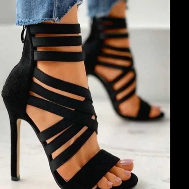 Summer womens fashion bandage back zipper sandals 2025 sexy pointed toe versatile solid color banquet party stilettos large 43 W250514