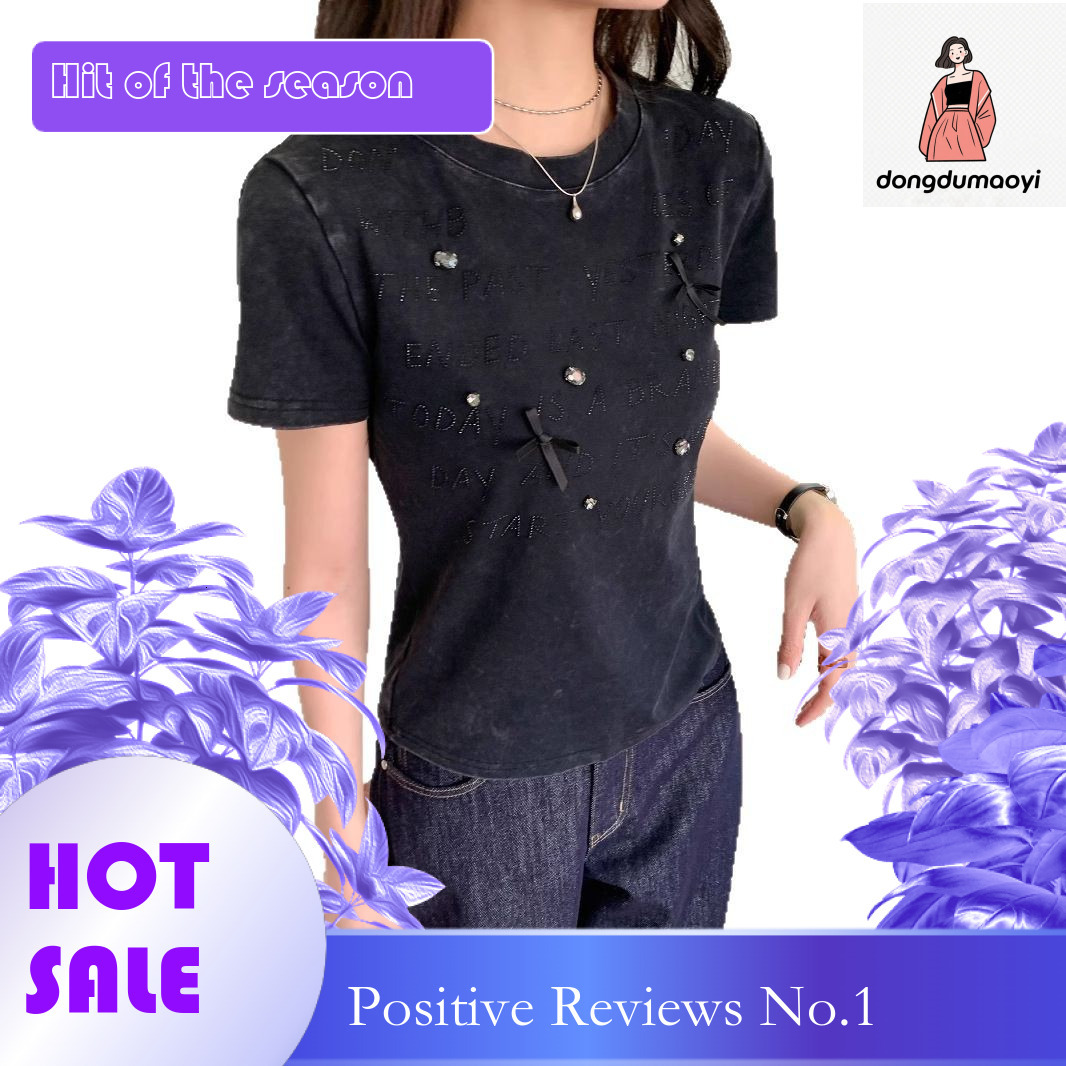 dongdumaoyi Bow heavy industry diamond inlaid gray shoulder short sleeved T-shirt for women's summer style, unique slim fit and slimming round ne