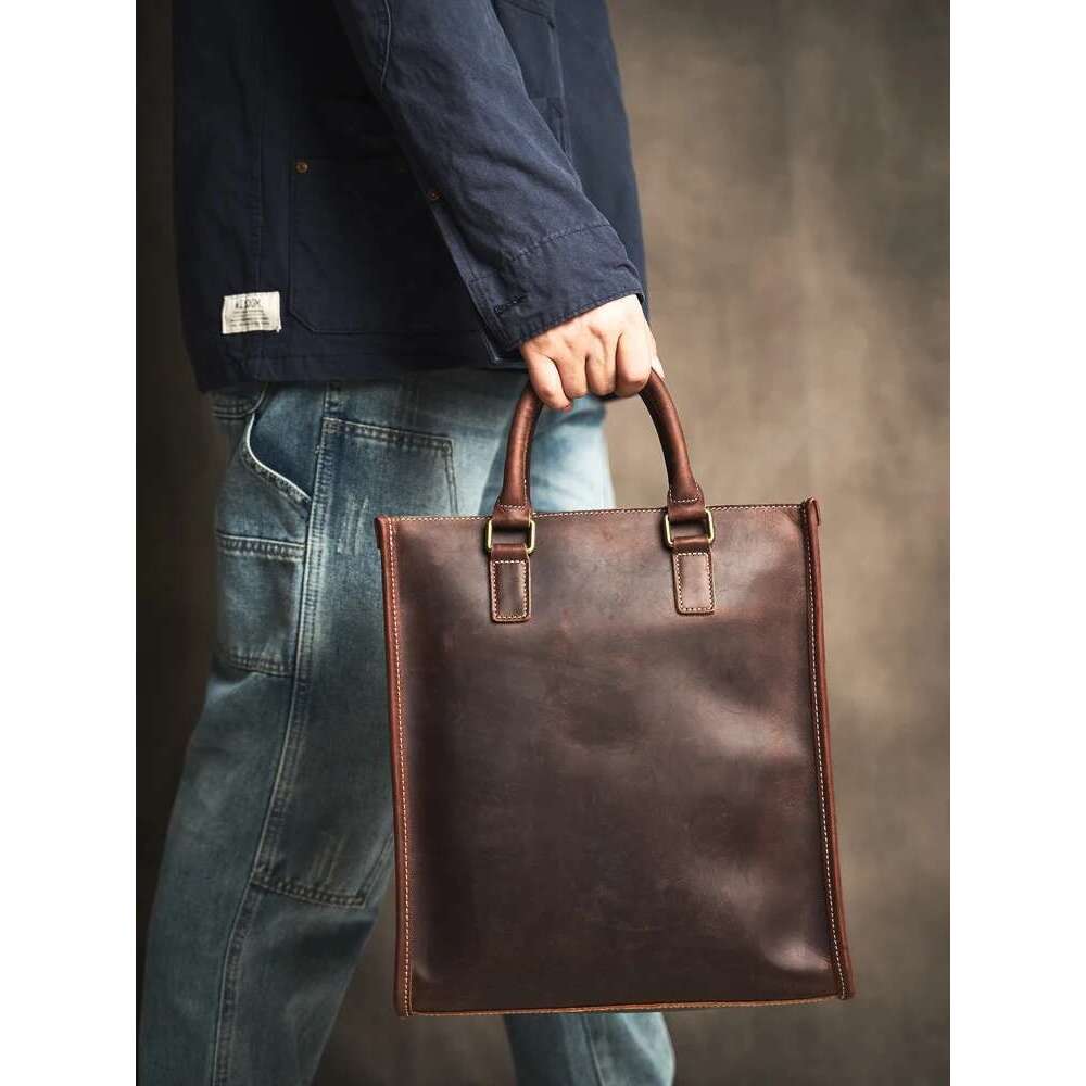Genuine Handbag Vintage Large-Capacity Man Cowhide Briefcase Leather Business Trip Computer Bag
