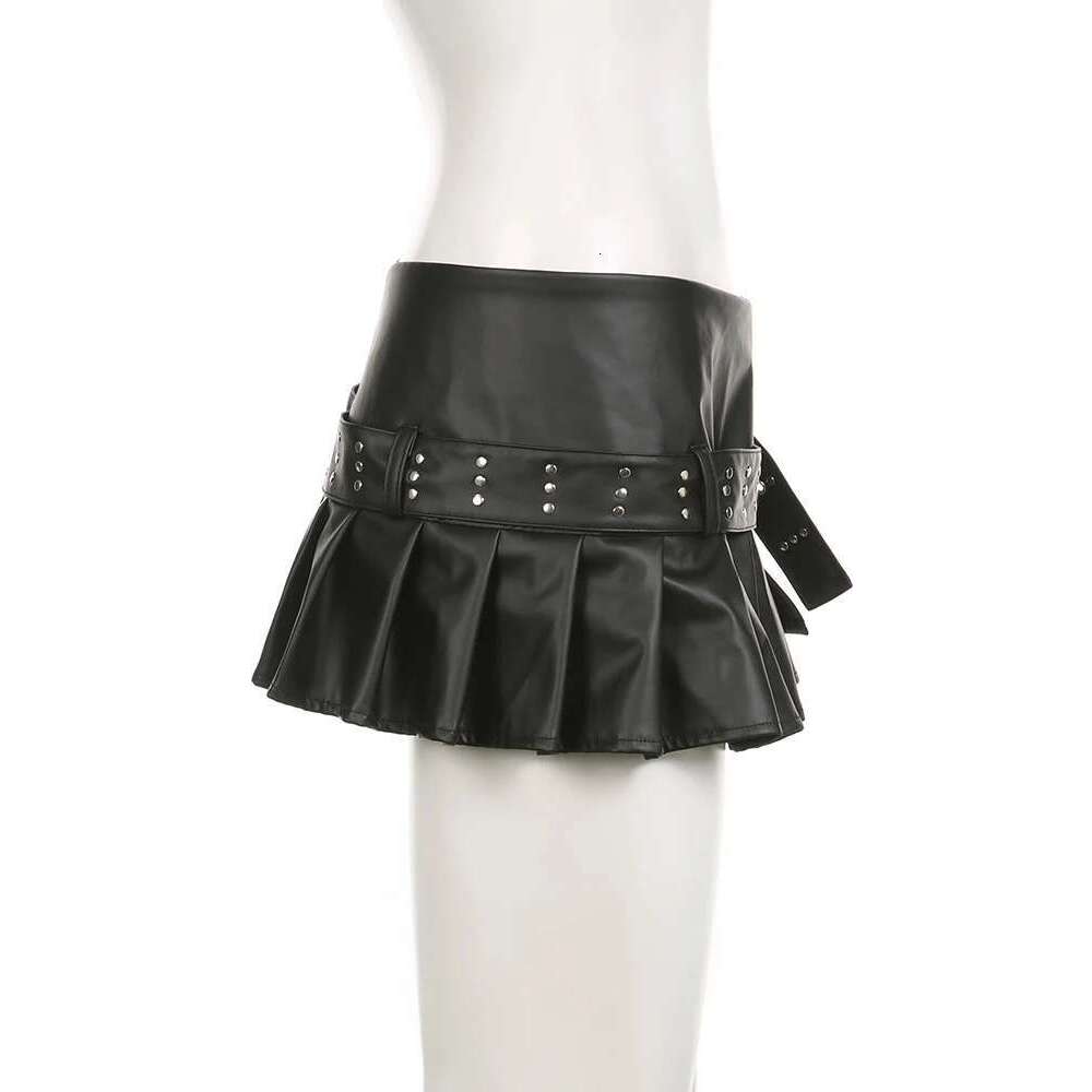 IAMSURE Sexy Slim A-Line Pleated Split Skirt With Sashes Solid Metal Buckle Low-Waisted Super Mini Skirts Women 2023 Summer