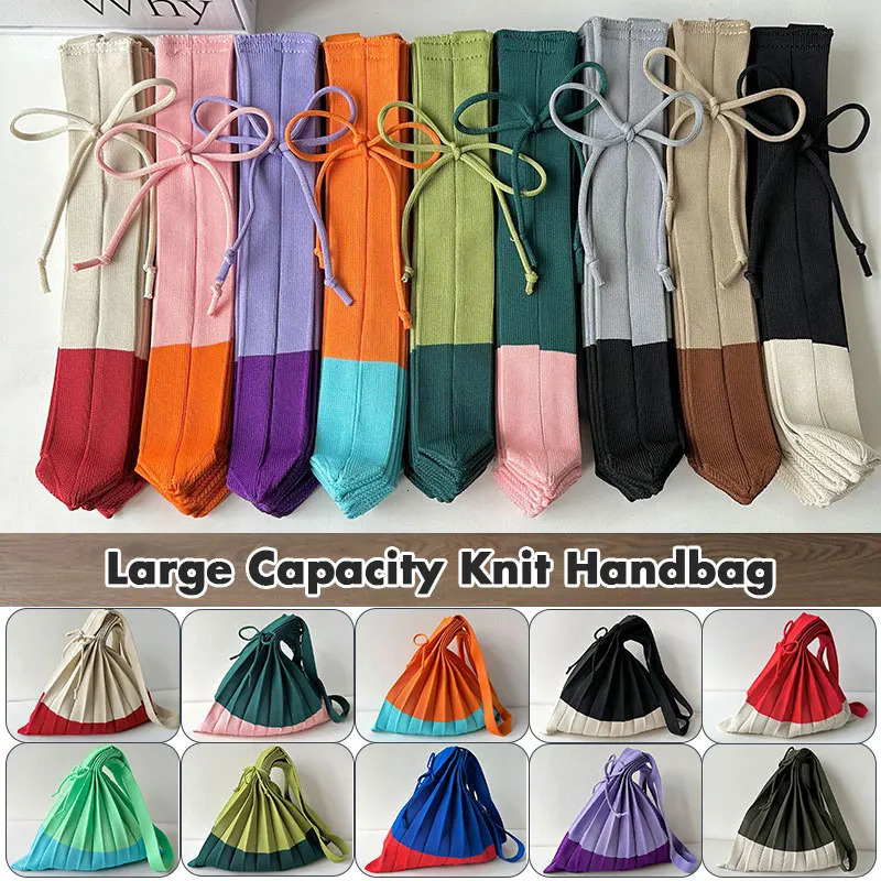 1pc Knitted Pleats Tote Organ Bag ner Chic Stitching Contrast Korean Retro Fashion Women Shoulder Shopper Handbag Foldable 250514