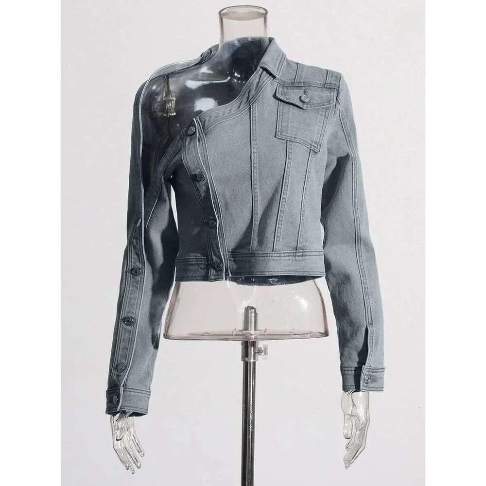 Plus Size Blue Formal Casual Short Streetwear Stand-Up Collar One Shoulder Long Sleeve Button Denim Jacket Fall Winter