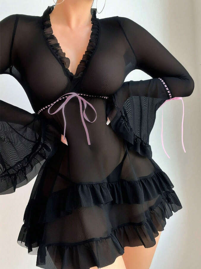 Sexy Lace Lingerie New Lingerie Sexy Women S Lace Mesh Spotted Skirt Nightgown Pajama Set KQ