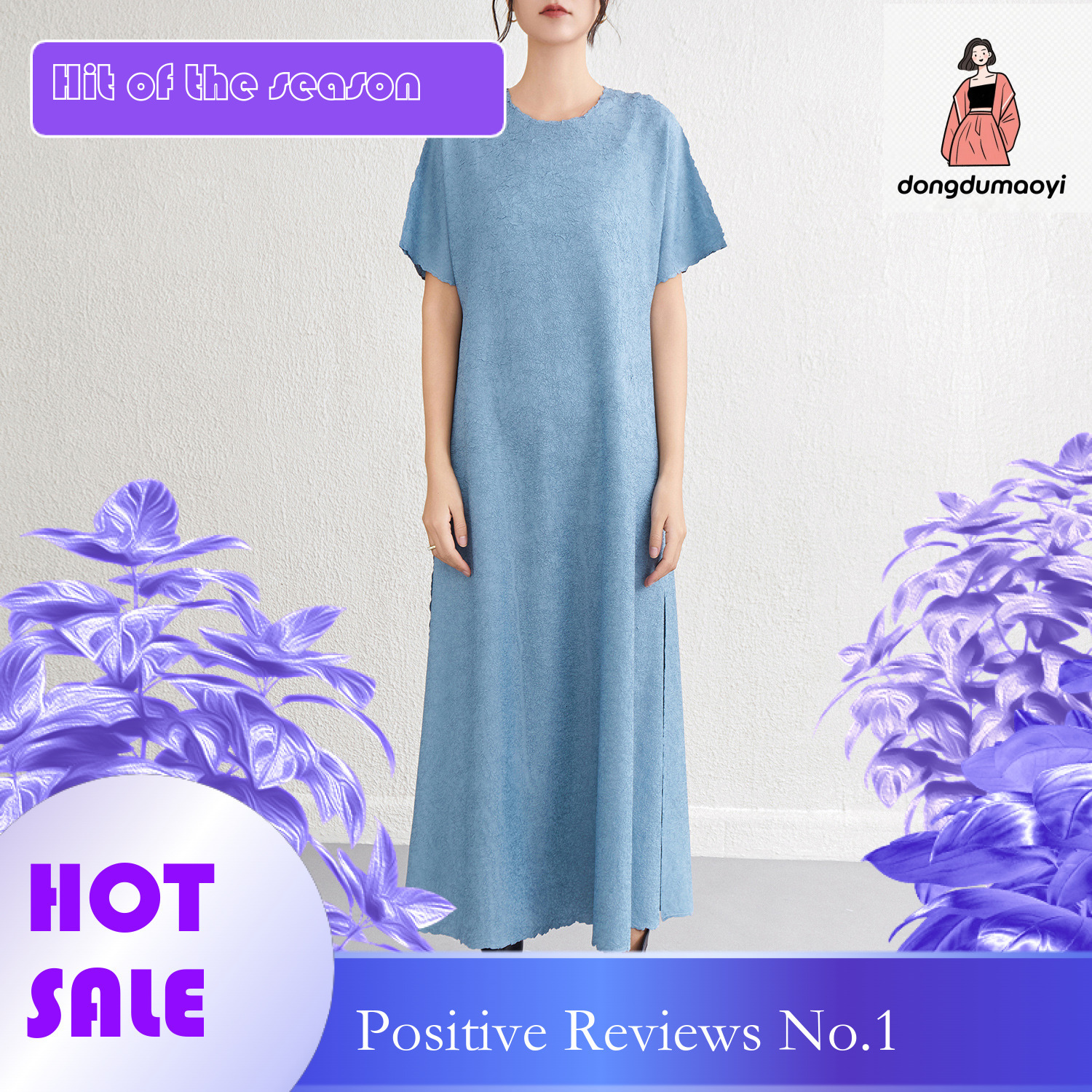 dongdumaoyi Miyake round neck plus size short sleeved A line long for women in summer wearing it outside looking fat and slim simple dress solid color