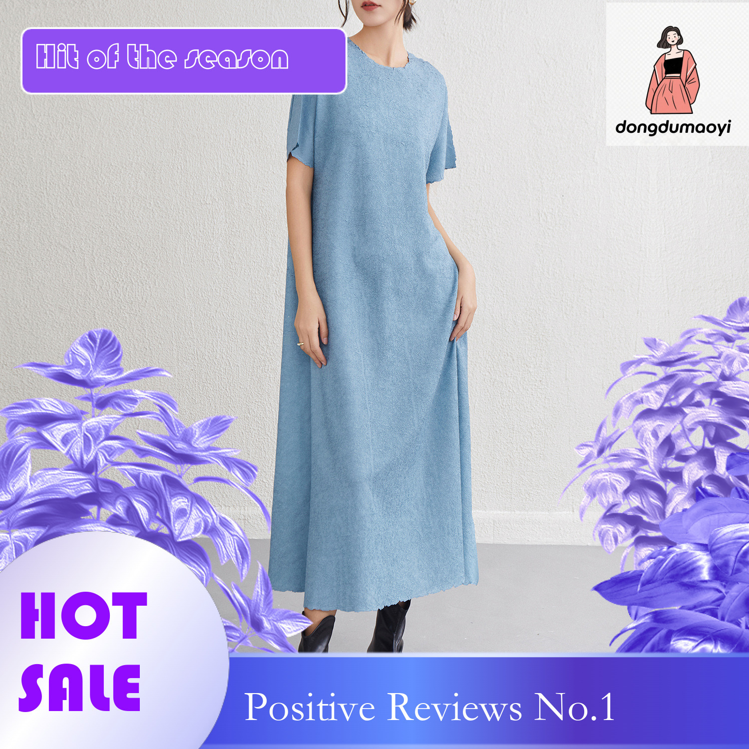 dongdumaoyi Miyake round neck plus size short sleeved A line long for women in summer wearing it outside looking fat and slim simple dress solid color