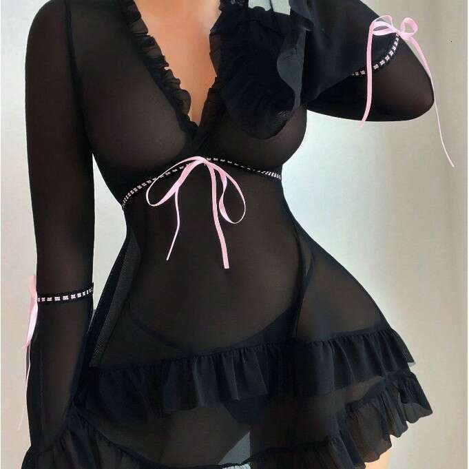 Sexy Lace Lingerie New Lingerie Sexy Women S Lace Mesh Spotted Skirt Nightgown Pajama Set KQ