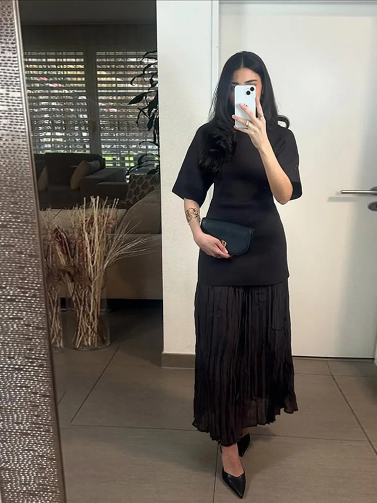 Elegant Pleat Dress Women Brown Oneck Half Sleeve Patchwork Slim Long Dresses Female Spring Summer Lady High Street Robes 250514