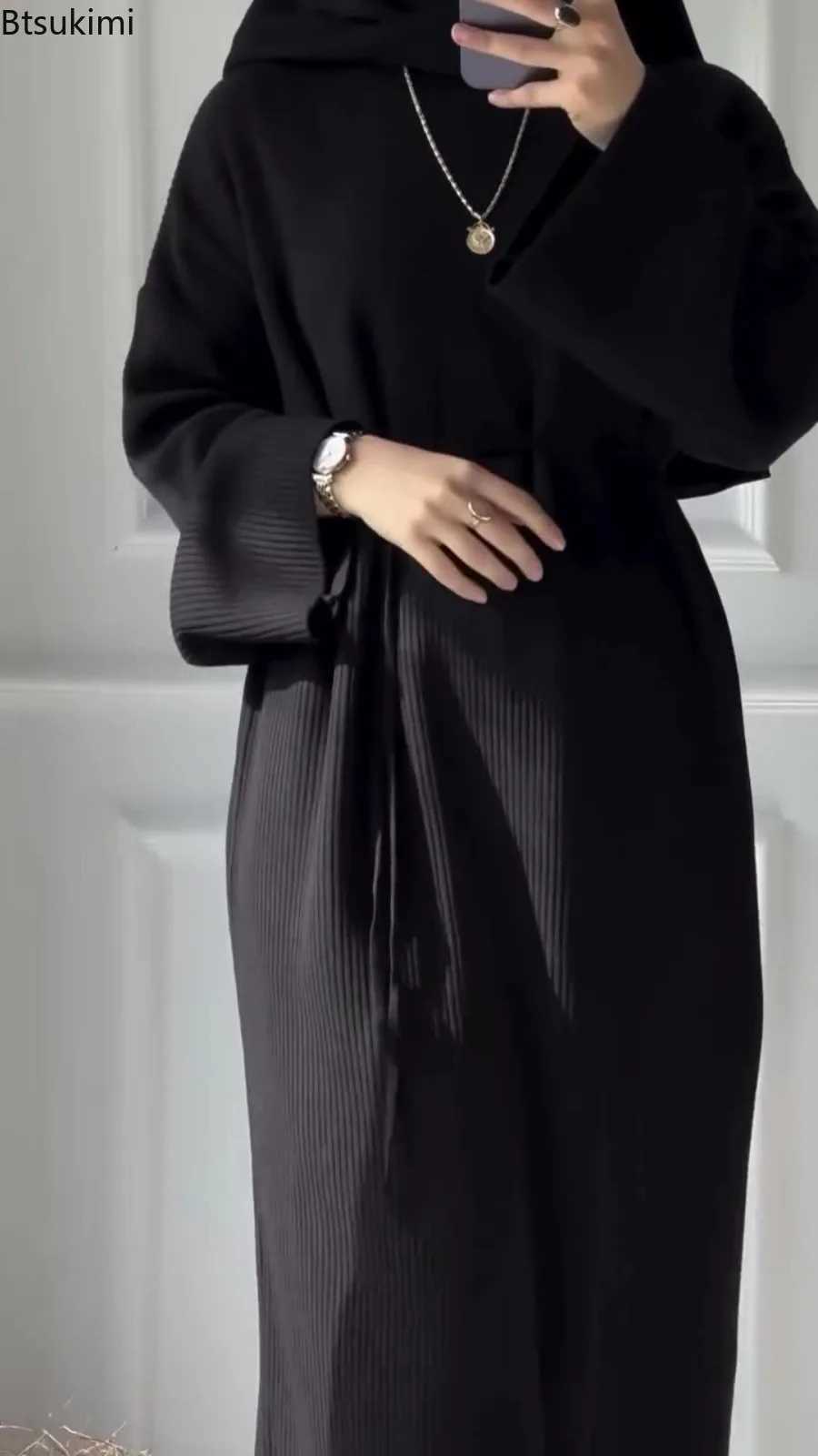 New Eid Muslim Women Knitting Dress Sashes Ramadan Morocco Autumn Winter Abayas Kaftan Sweater Vestidos Jalabiya Dubai Long Robe X250514