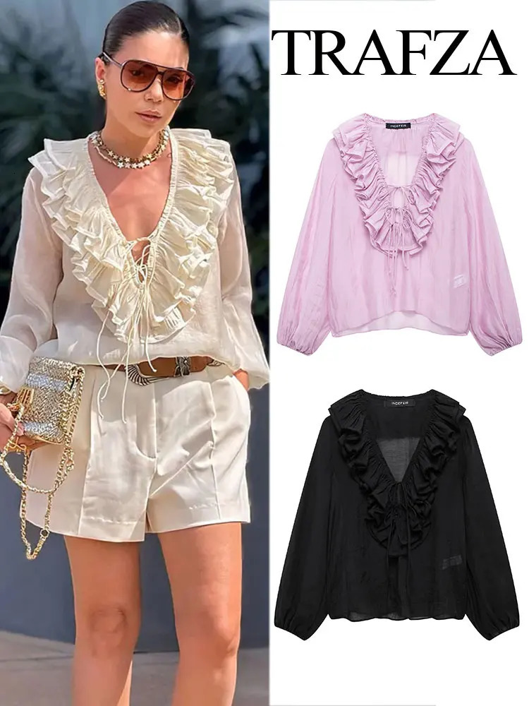 TRAFZA Elegant Womens Retro Vneck Ruffle Trim Long Sleeve Shirt Summer Casual Top Fashion Translucent Thin 250514