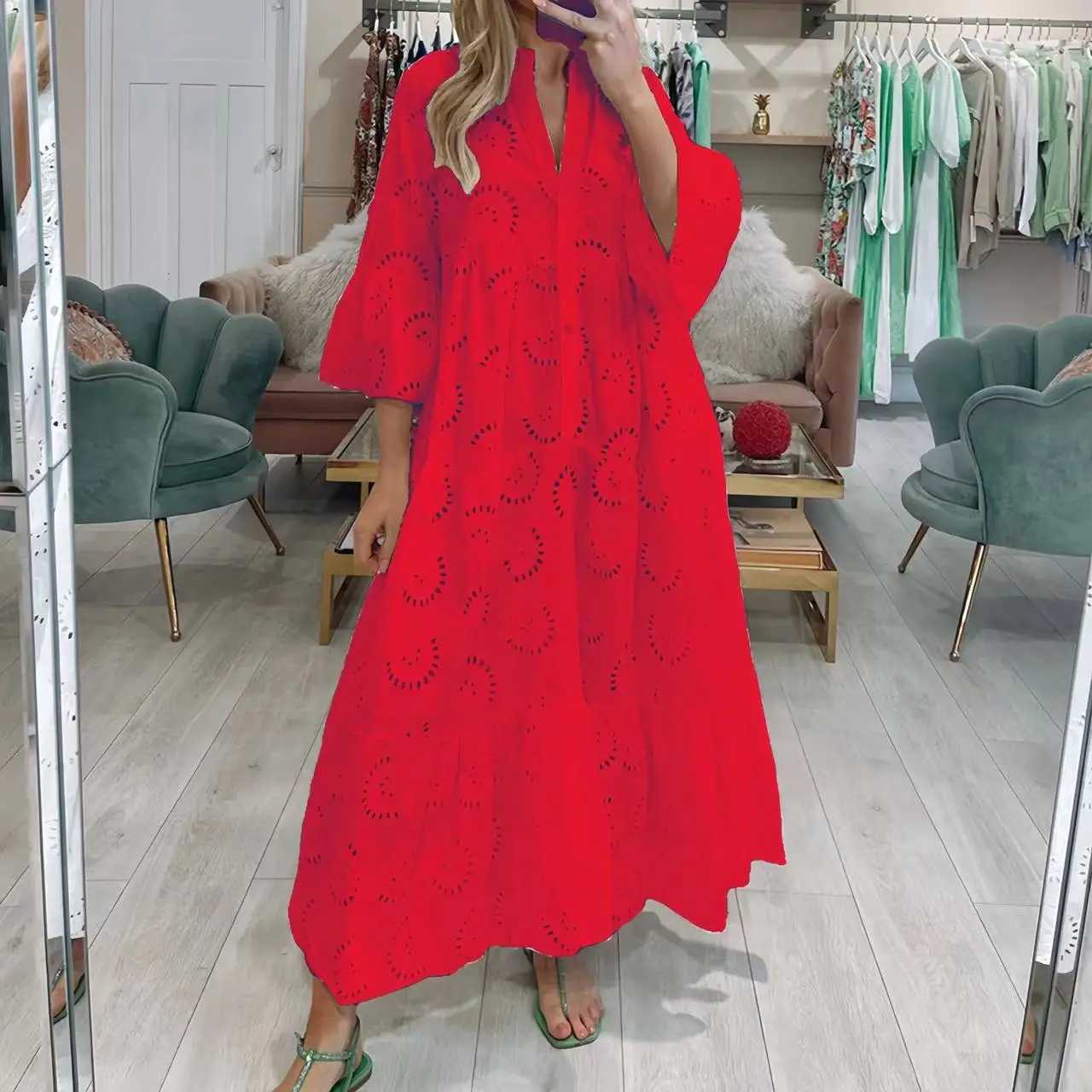 Dresses for Dresses Spring Summer Shirt Dress 2024 White Dresses V-Neck Flared Sleeves Lace Hollow Solid Color Sexy Long DressesXJ250514