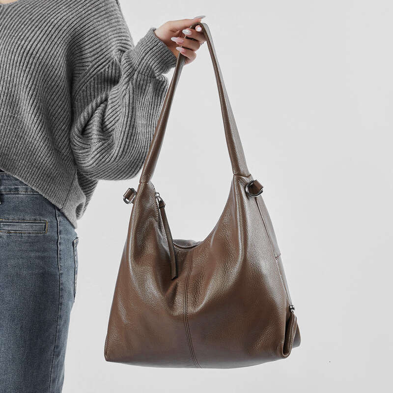 Real Leather Large Capacity Stylish New Korean Version Trendy Fashion Solid Color Casual Commuting Shoulder Tote Women's Bag
