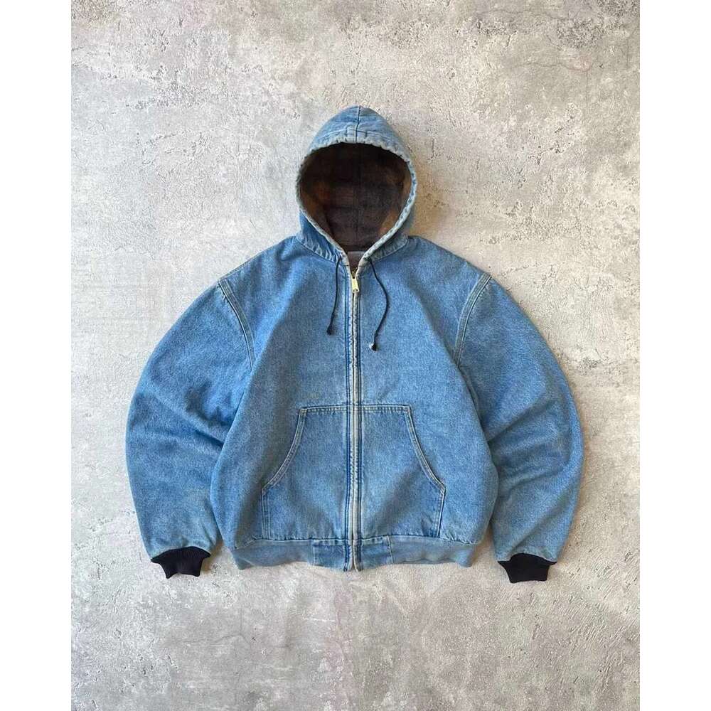 American Retro Washed Old Zip Up Hoodie Men Women Punk Street Style Denim Canvas Jacket Haruku Loose Casual Workwear Coat Y2k Designer