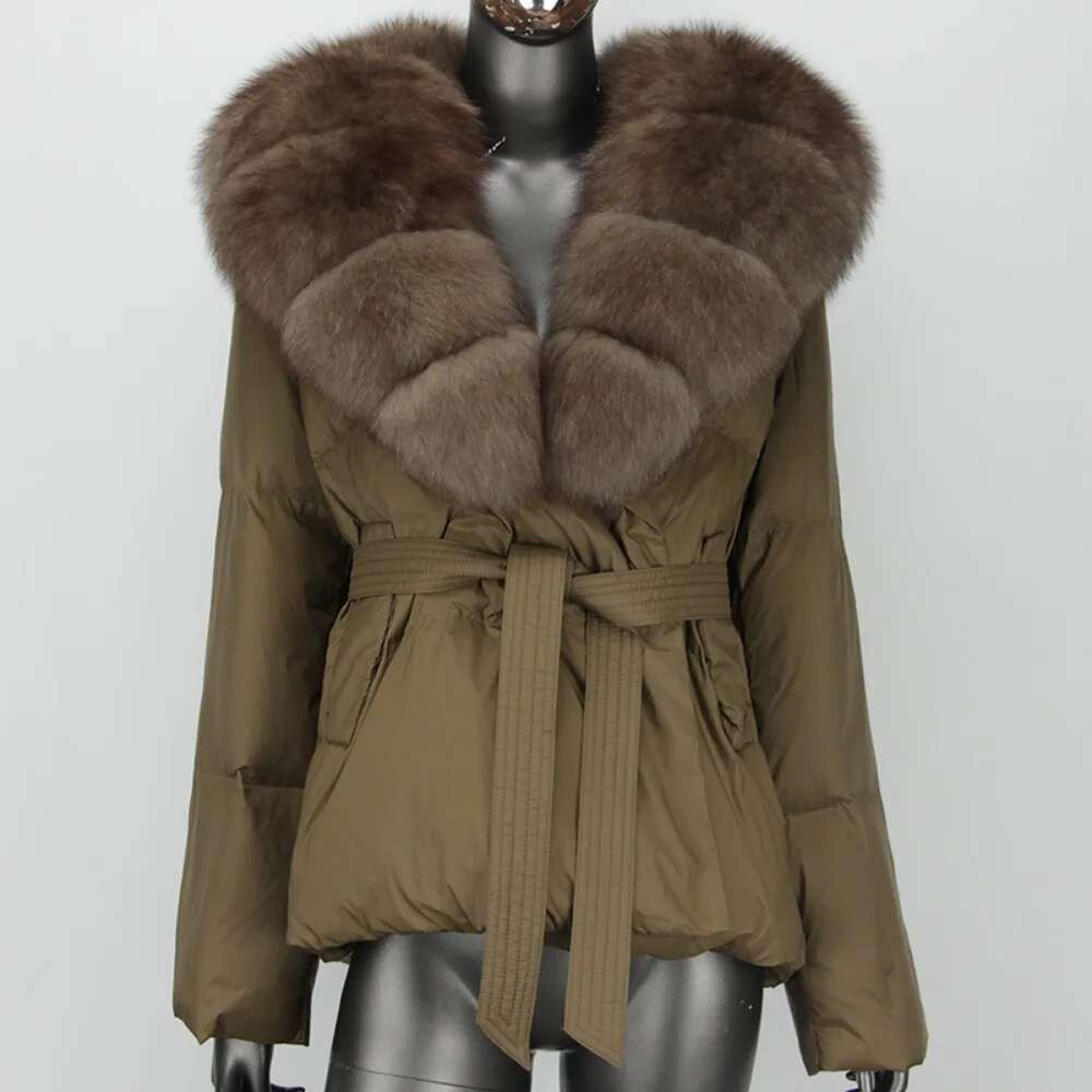 Fox Collar Real Fur Coat 2024 Natural Winter Women Thick Warm 90 Duck Down Jacket Belt Outerwear Streetwear Loose