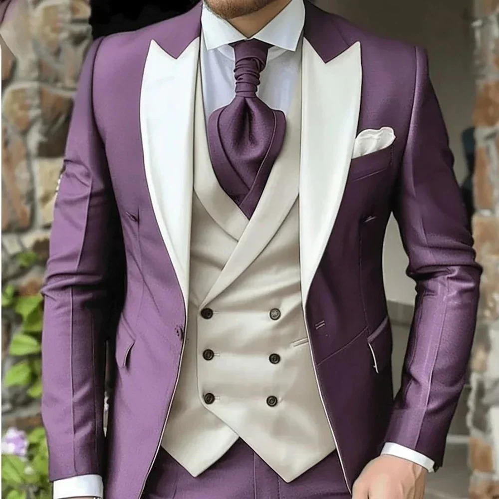 Elegant Wedding 3 Piece Jacket Pants Vest Full Set Single Breasted Lapel Purple Male Clothing Mens Suits Blazer 250513