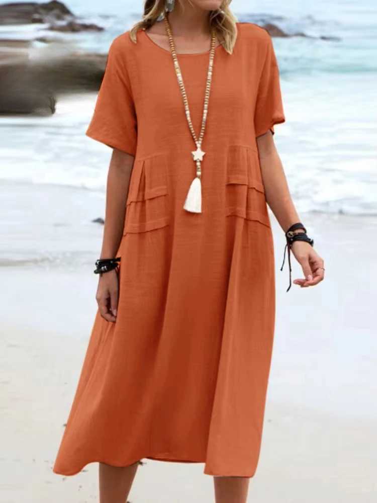 2025 Summer Fashion New Womens Elegant Long Cotton and Hemp Dress Round Neck Vacation Short Sleeve Medium Long DressXJ250514