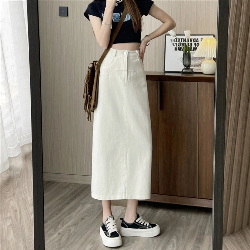 REALEFT Vintage Washed Denim Aline Midi Skirts for Women Summer Solid Back Split High Waist Wrapped Womens 250514