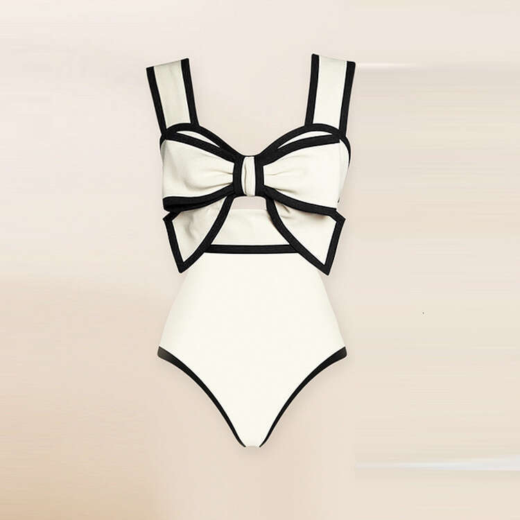 Hot selling retro conservative small fragrance Ins European American solid color bow one-piece swimsuit 2025 new style chic and elegant clothing