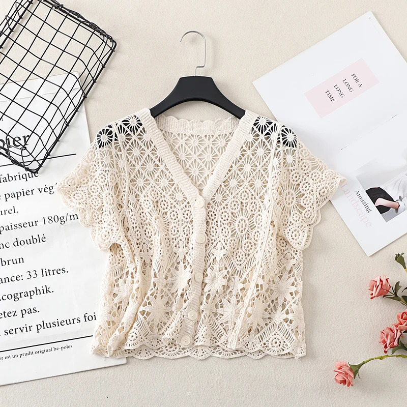 Boho Crochet Knit Top Short Sleeve Buttonup Sheer Openwork Blouse Women Teengirl Summer Fairycore Vacation Outfit 250514