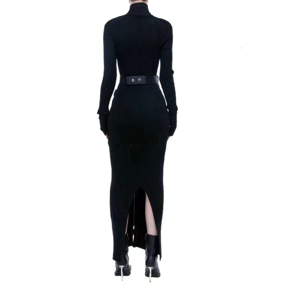 Getspring Women Dress 2024 Autumn Winter New Turtleneck Zipper Pocket Belt Fit Full Sleeve Solid Slim Long Kknitted Dresses
