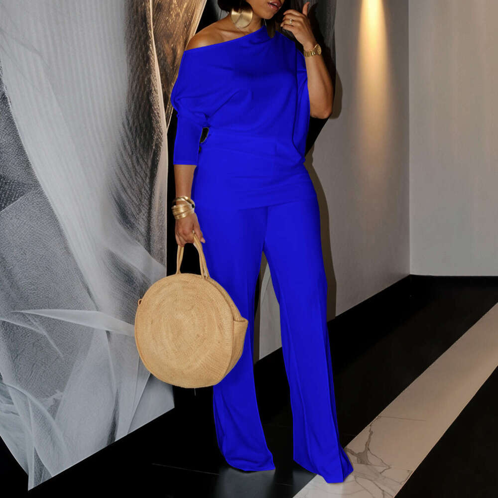 Women's Wear Women's Wear Women's Autumn Fashion Style Solid Color Slant Collar Top Wide Leg Pants Set